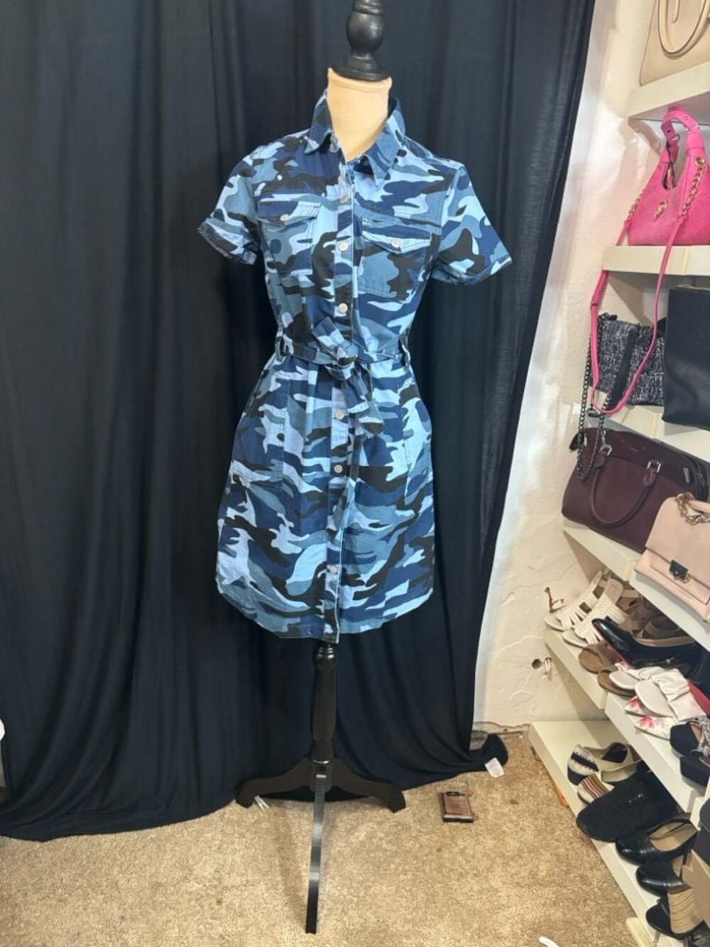 Express Blue Camo Denim Shirt Dress with Tie Waist